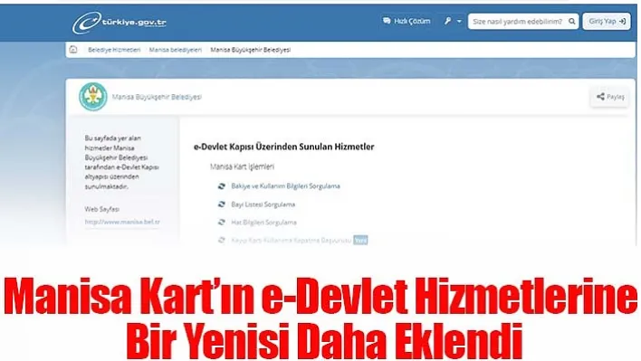 Manisa Kart'ın e-Devlet Hizmetlerine Bir Yenisi Daha Eklendi