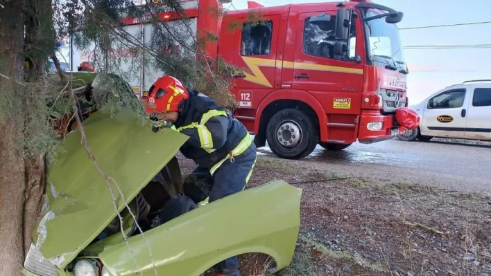 Yol kenarındaki ağaca çarpan otomobil hurdaya döndü